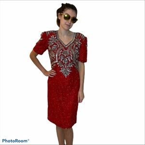 Sweelo 80’s VTG Red & Silver Sequined Beaded Silk  Trophy Dress please Read